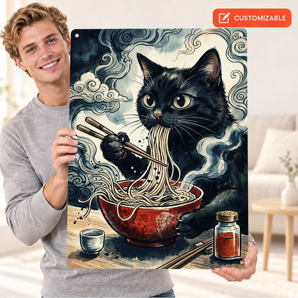 Home Cooking For Cats - Black Cat Eating Ramen Watercolor Aluminum