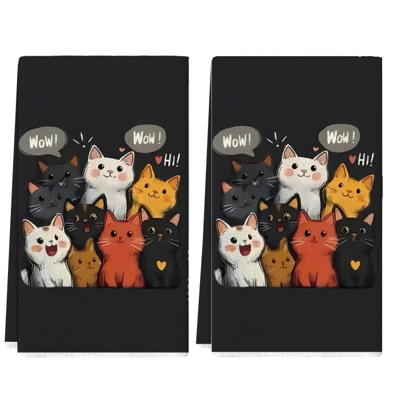 Home Cooking For Cats - 2Pcs, Black Background Cat-Themed Kitchen Towels,
